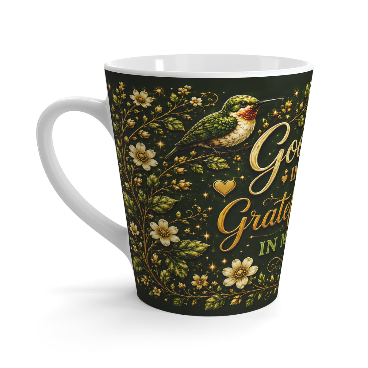 Grateful Heart Script with Bird Latte Mug | Floral Vines, Inspirational Quote