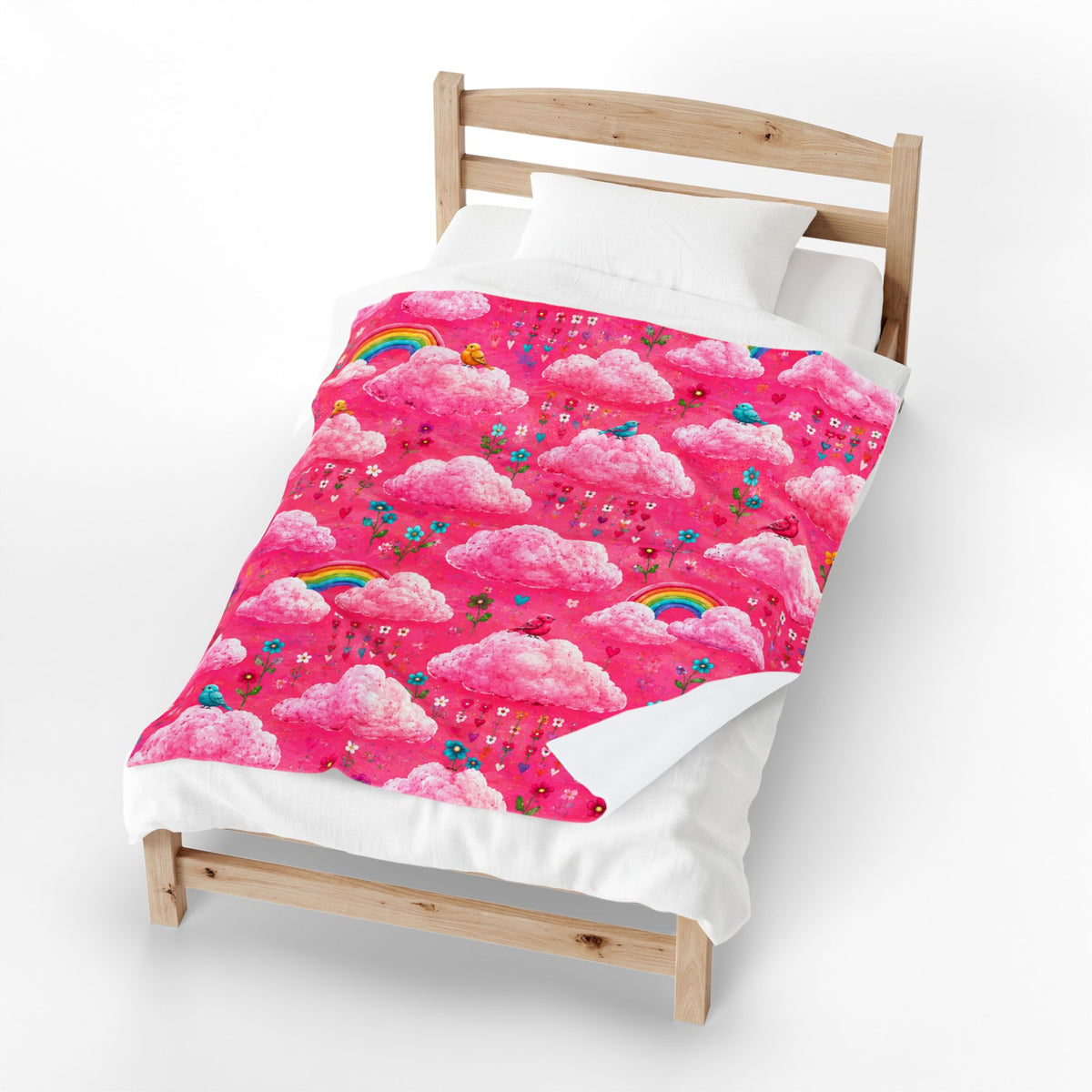 Pink Cloud Rainbow Pattern Blanket | Cute Birds Flowers Velveteen Plush