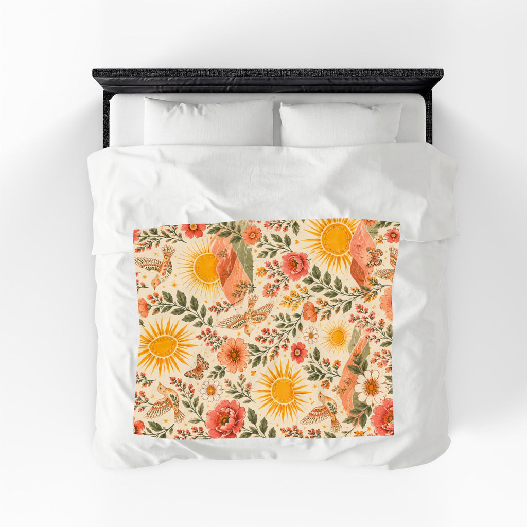Sunshine Floral Meadow Velveteen Blanket | Retro Sunflowers & Butterflies