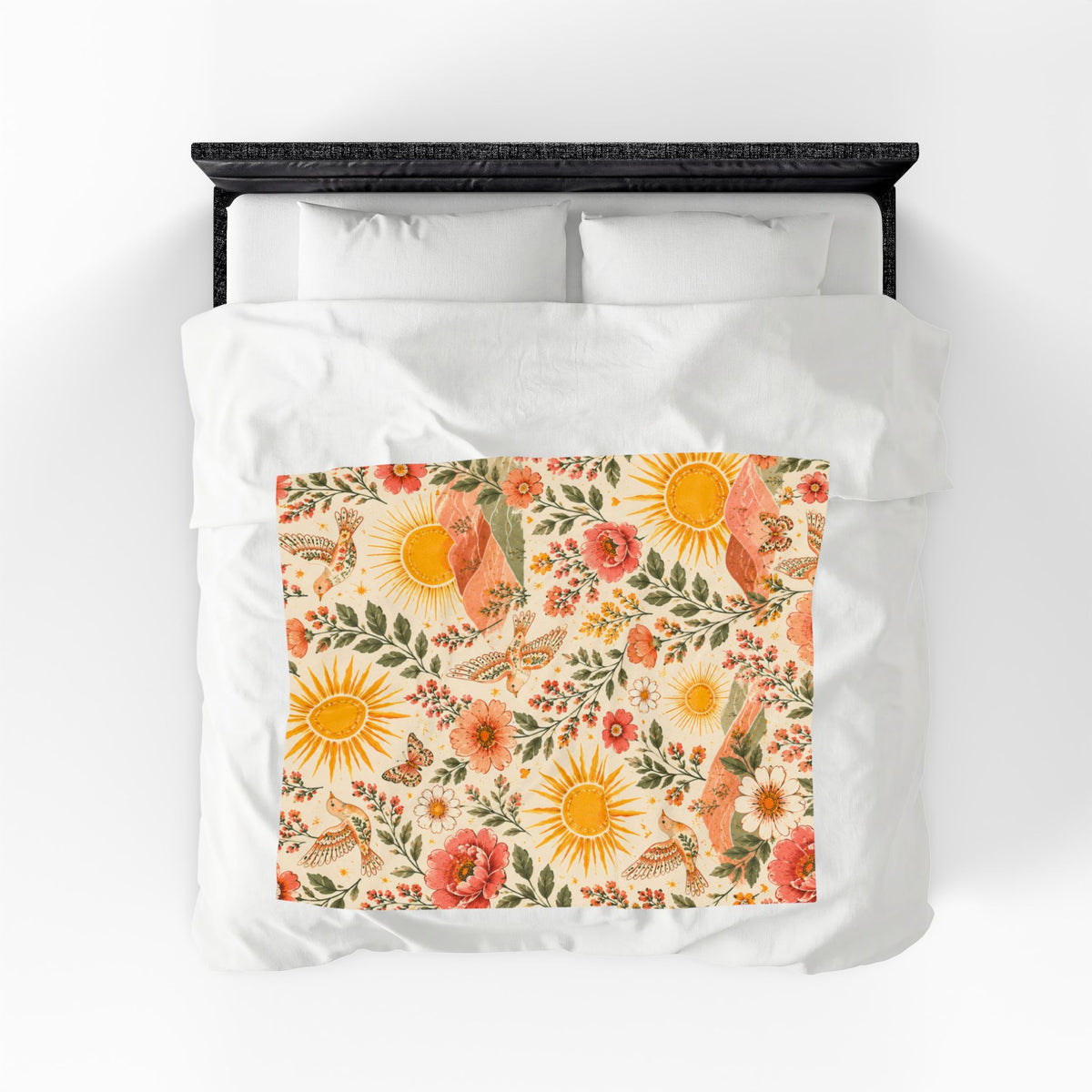 Sunshine Floral Meadow Velveteen Blanket | Retro Sunflowers & Butterflies