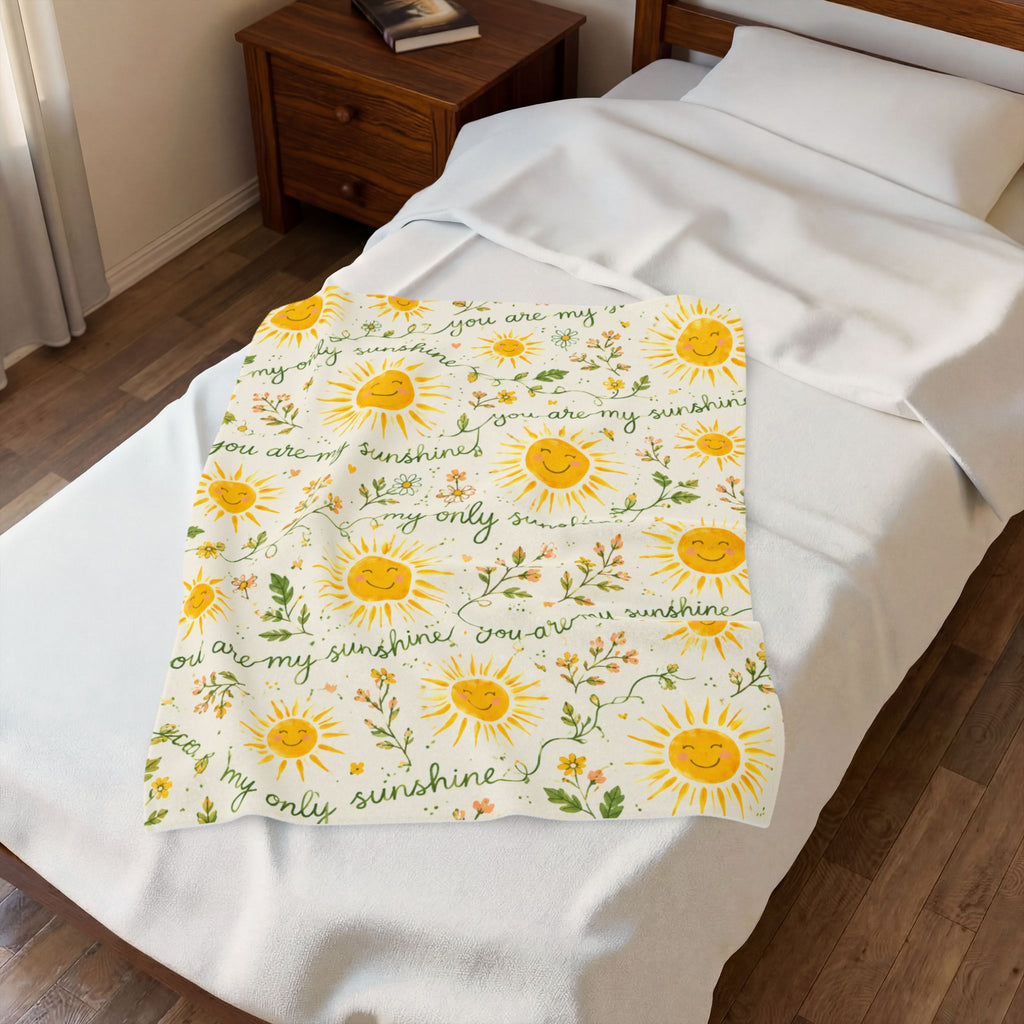 You Are My Sunshine Velveteen Plush Blanket | Smiling Sun Floral Pattern