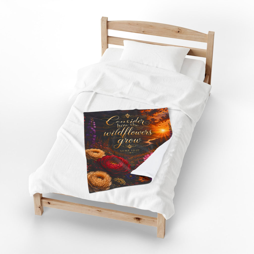 Consider How the Wildflowers Grow Velveteen Plush Blanket | Luke 12:27 floral sunrise