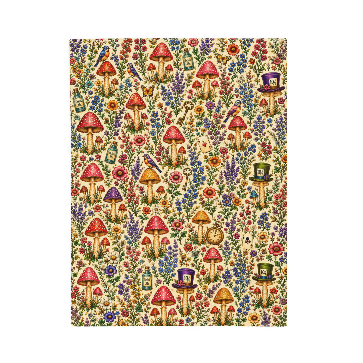 Whimsical Alice Mushroom Garden Velveteen Plush Blanket | Floral Fungi Pattern