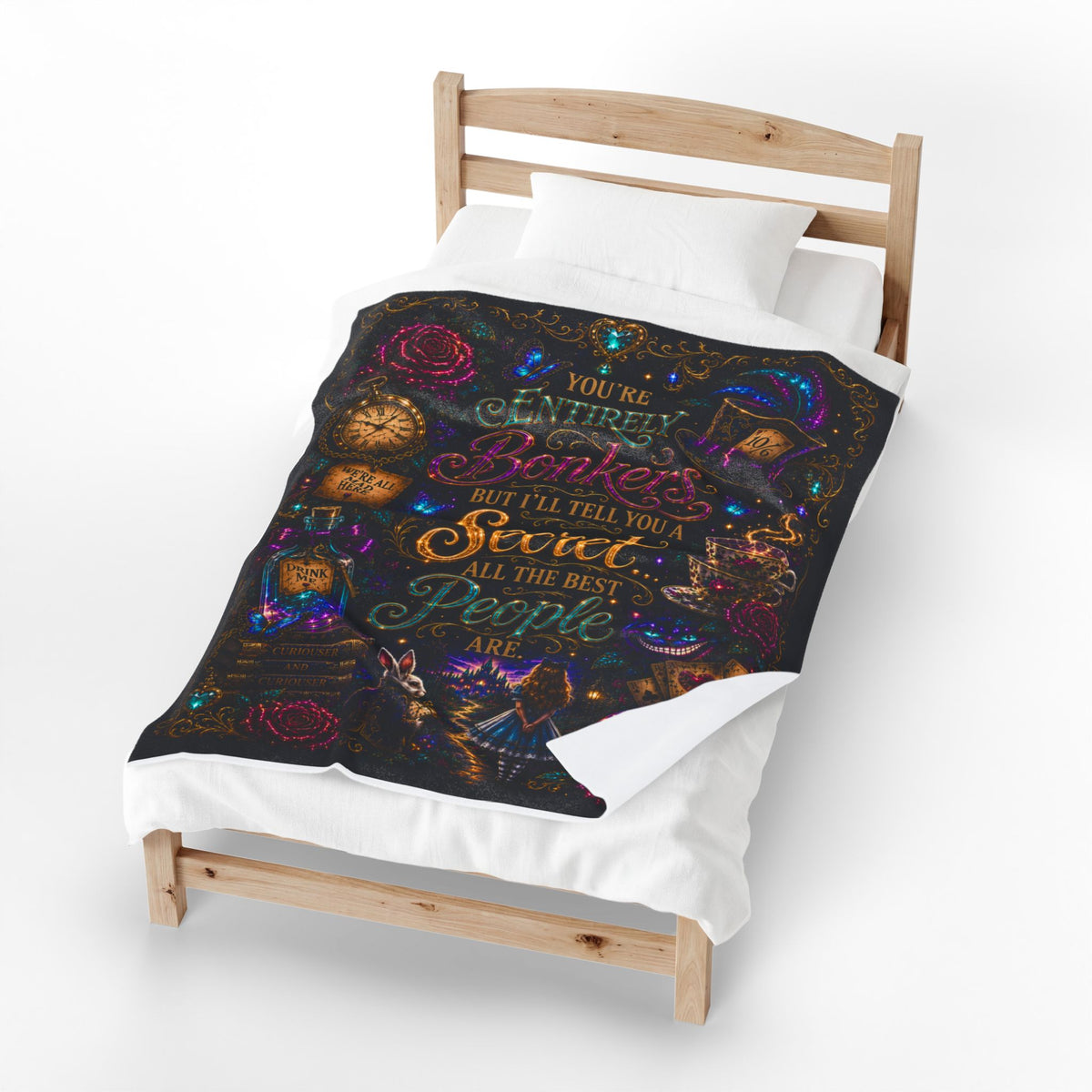 Mad Tea Party Quote Velveteen Plush Blanket | Alice in Wonderland inspired