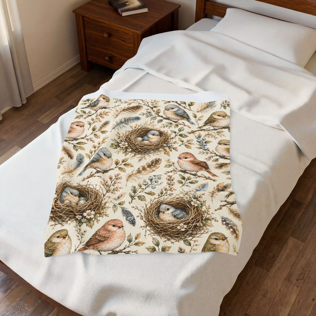 Little Nest Vintage Songbirds Nest Pattern Velveteen Plush Blanket | Woodland Bird Illustration