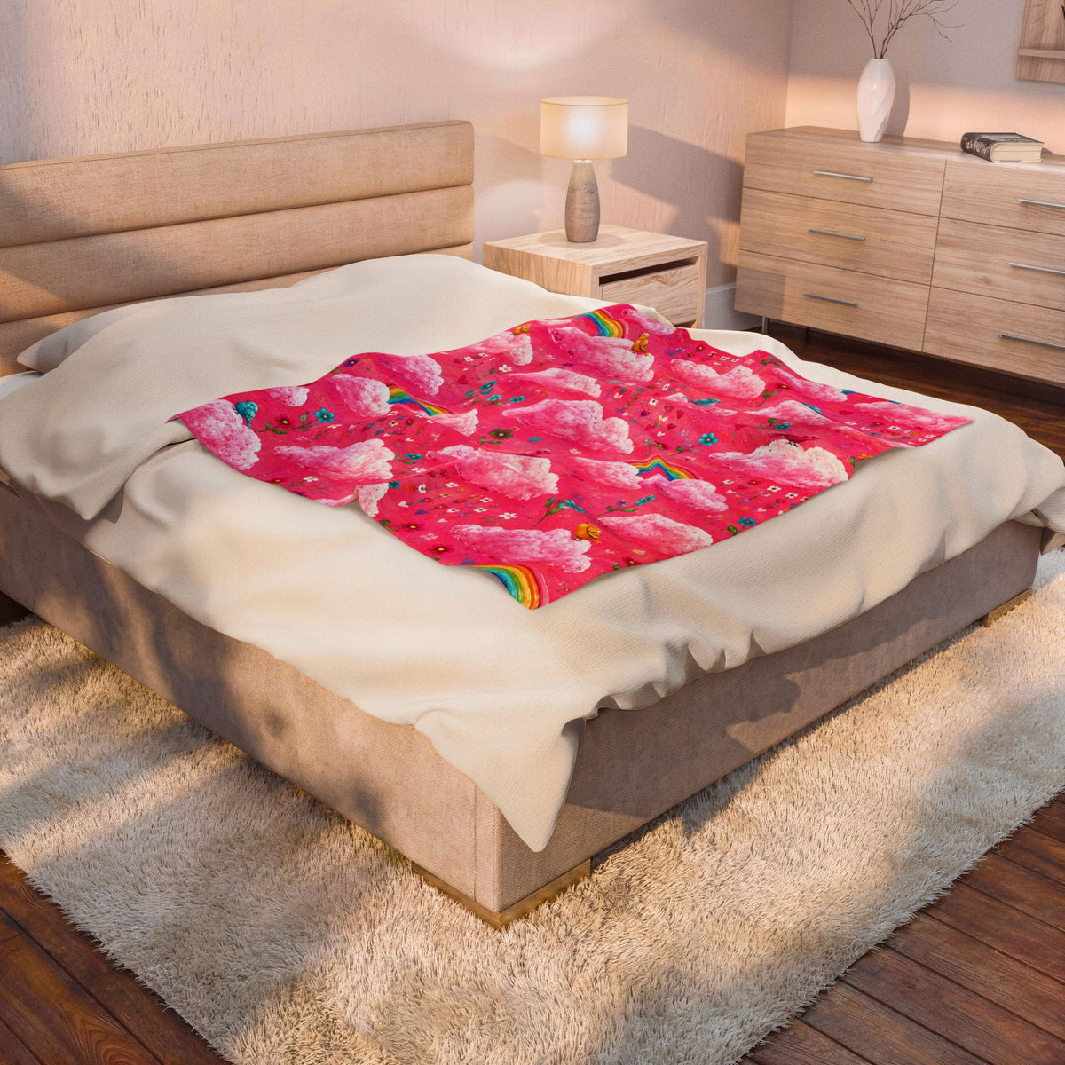 Pink Cloud Rainbow Pattern Blanket | Cute Birds Flowers Velveteen Plush