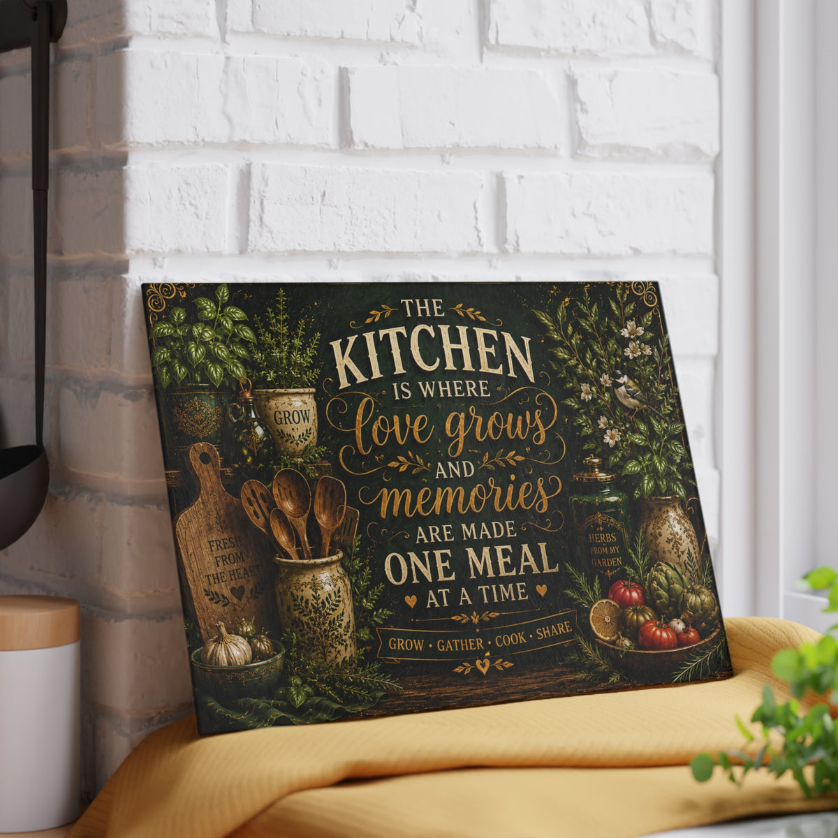 Kitchen Love Grows Memories glass cutting board | farmhouse kitchen decor