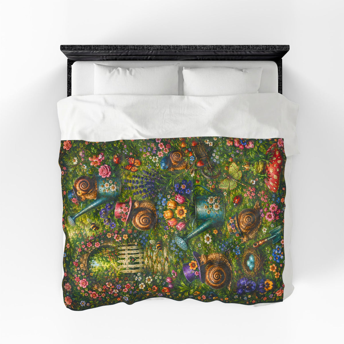 Spring Garden Snail Cottage pattern Blanket | whimsical floral, watering cans, bluebirds