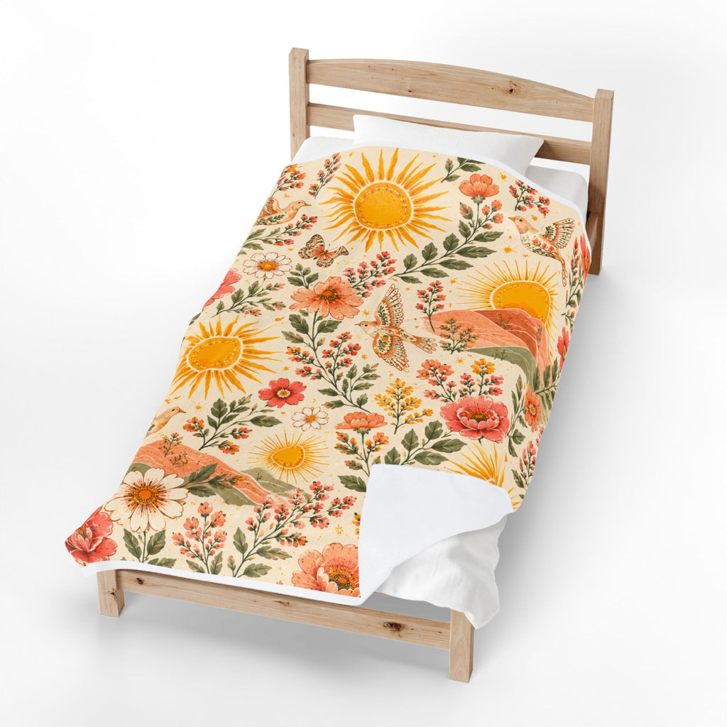 Sunshine Floral Meadow Velveteen Blanket | Retro Sunflowers & Butterflies