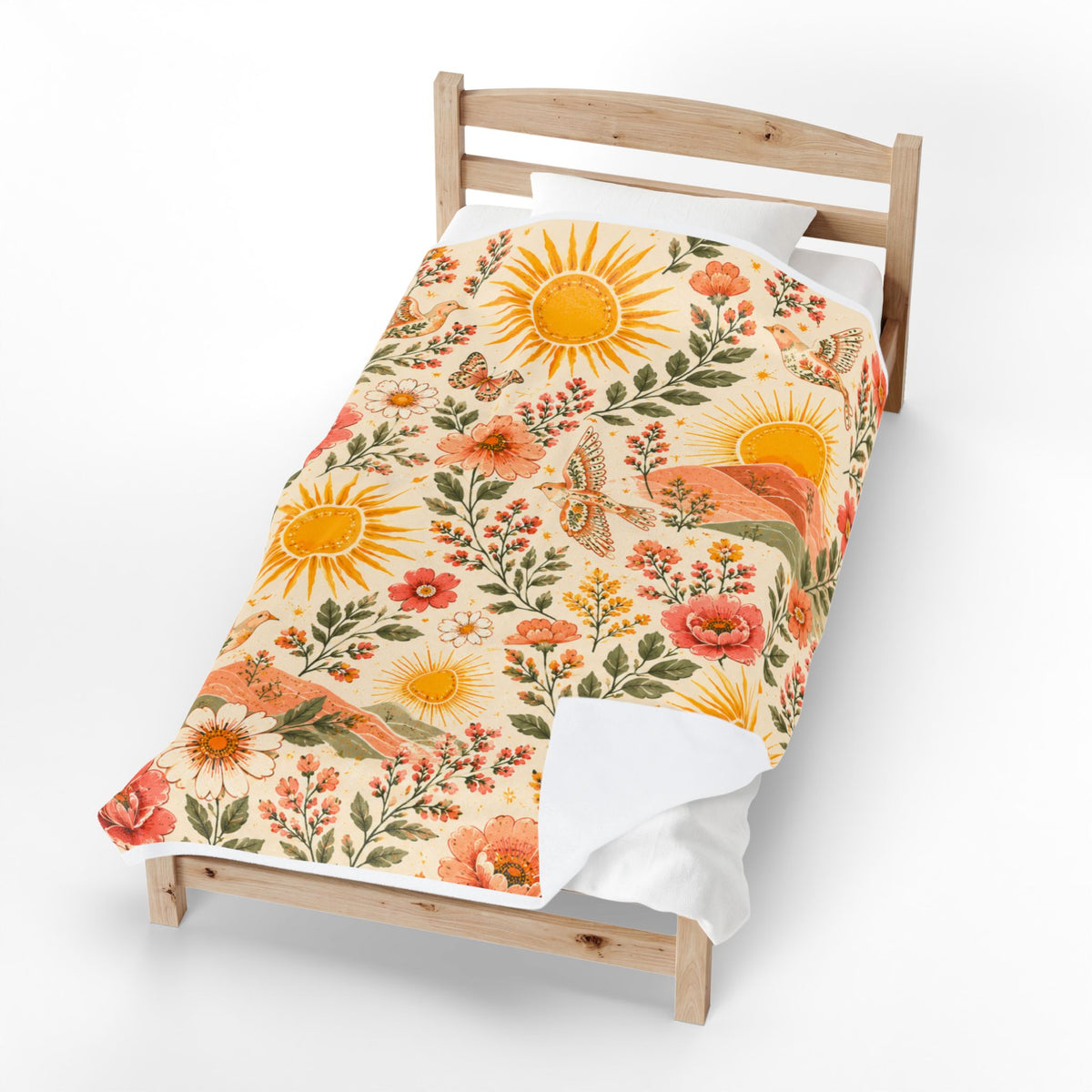 Sunshine Floral Meadow Velveteen Blanket | Retro Sunflowers & Butterflies