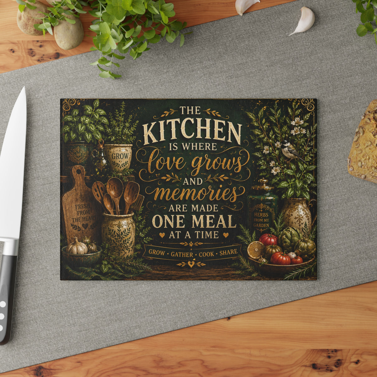 Kitchen Love Grows Memories glass cutting board | farmhouse kitchen decor