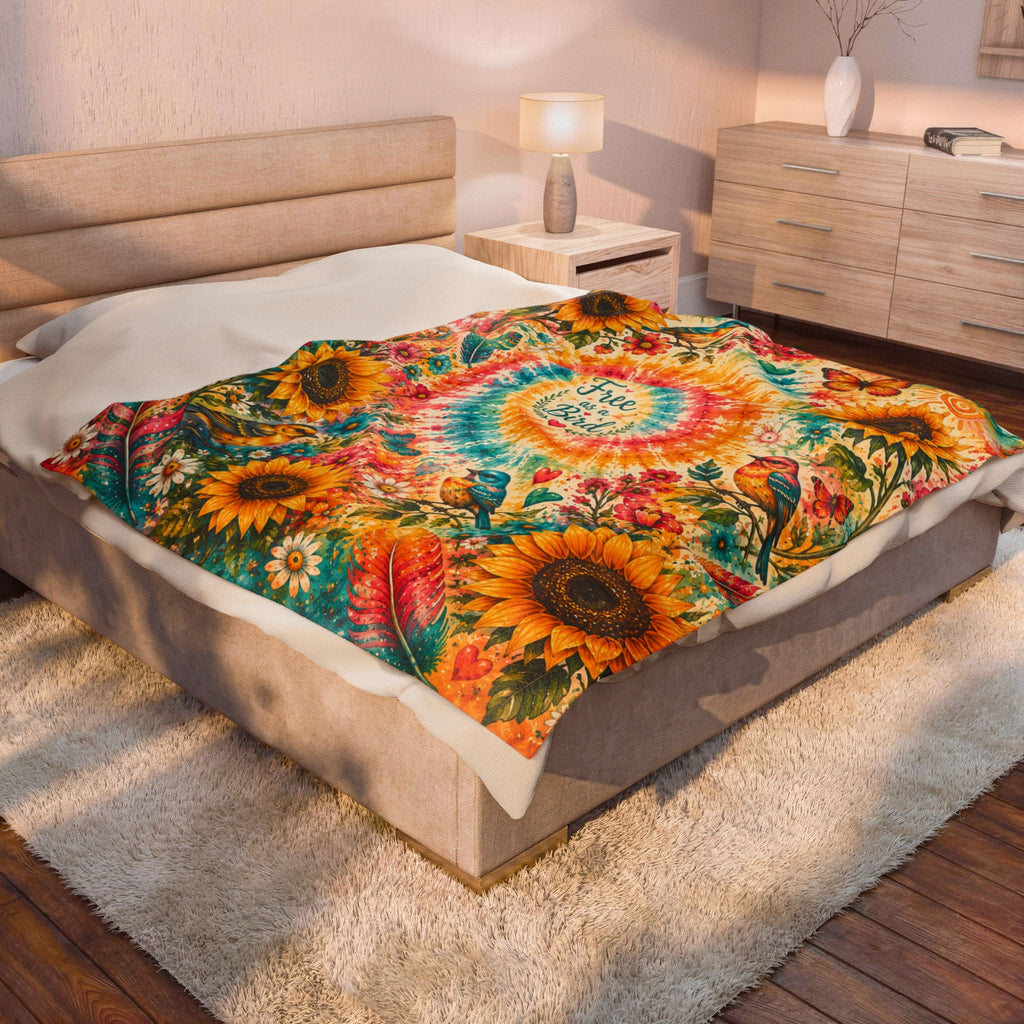 Tie-Dye Sunflower Free Bird Velveteen Blanket | Boho Birds & Butterflies