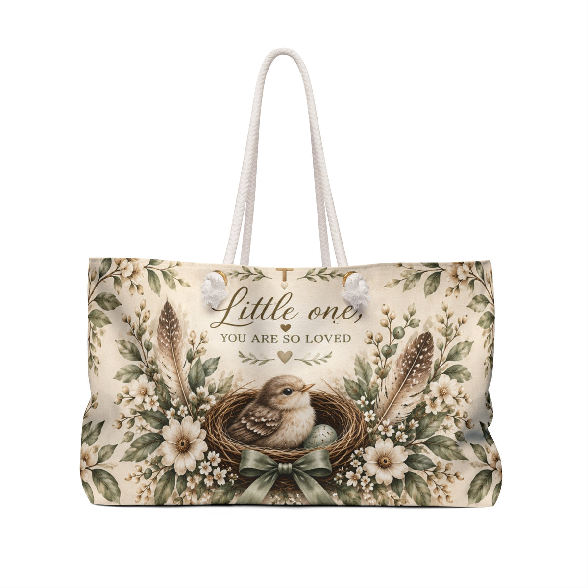 Little Nest Little One You Are So Loved bird nest Weekender Bag | floral neutral nursery
