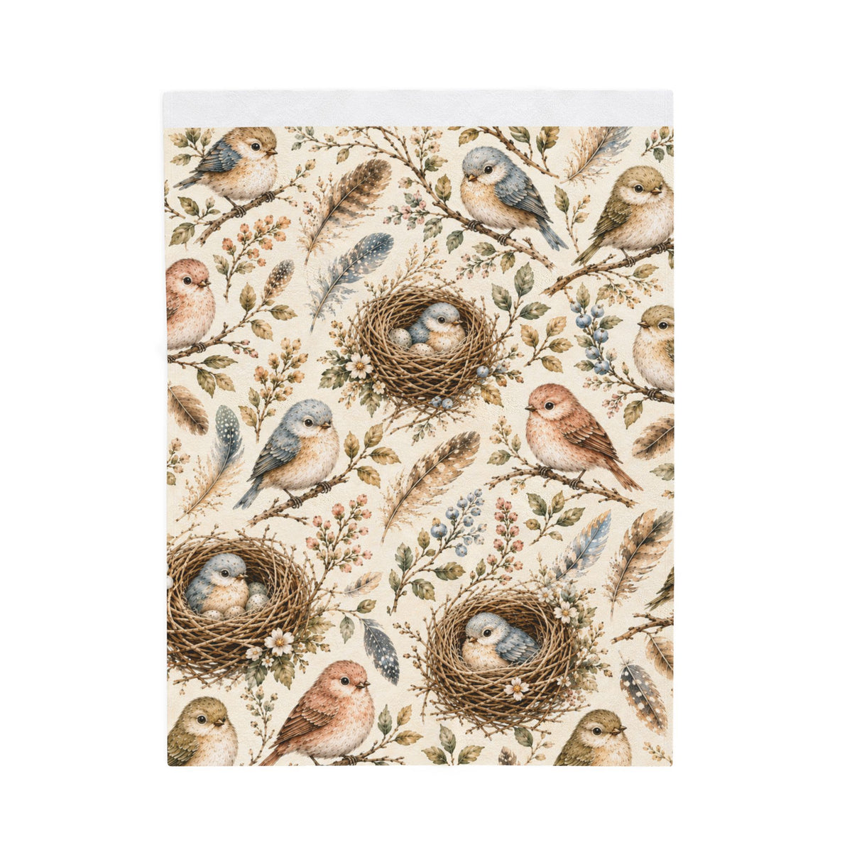 Little Nest Vintage Songbirds Nest Pattern Velveteen Plush Blanket | Woodland Bird Illustration