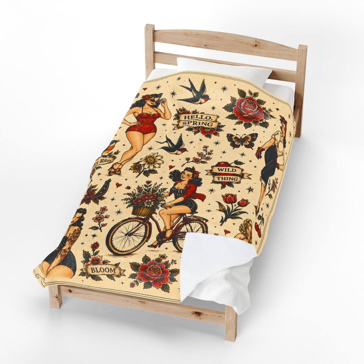 Vintage Pinup Girls Velveteen Plush Blanket | Tattoo Flash Floral Design