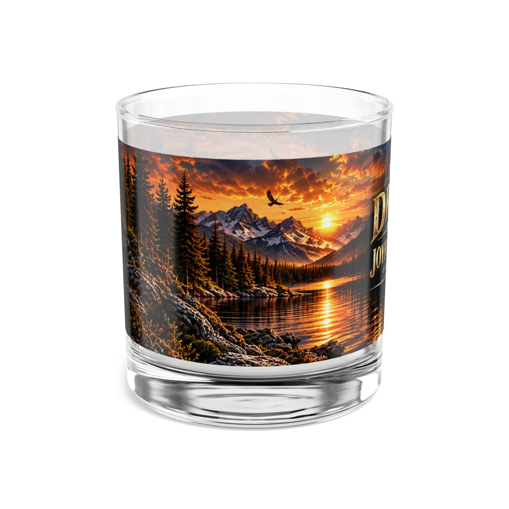 Drink With A Joyful Heart rocks glass | 10oz whiskey tumbler, mountain sunset lake design