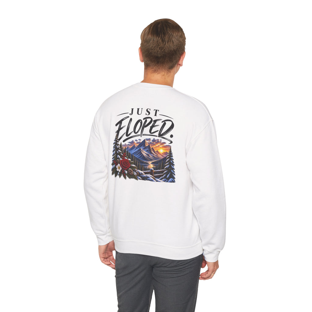 Just Eloped Mountain Scene Sweatshirt | Mrs. Script Chest Logo