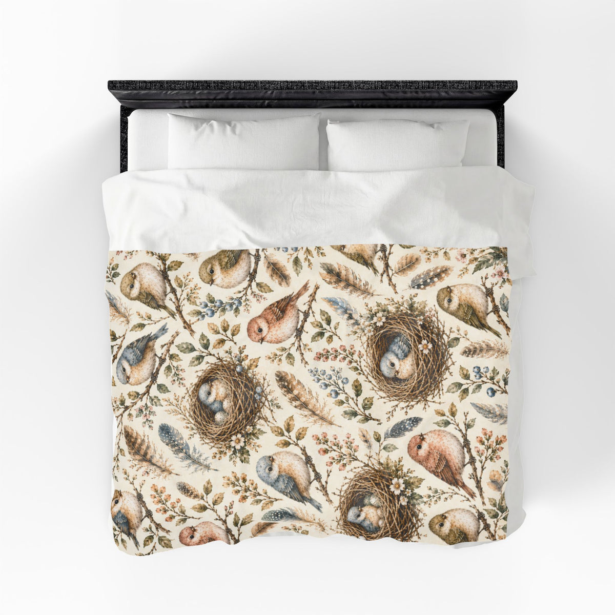 Little Nest Vintage Songbirds Nest Pattern Velveteen Plush Blanket | Woodland Bird Illustration