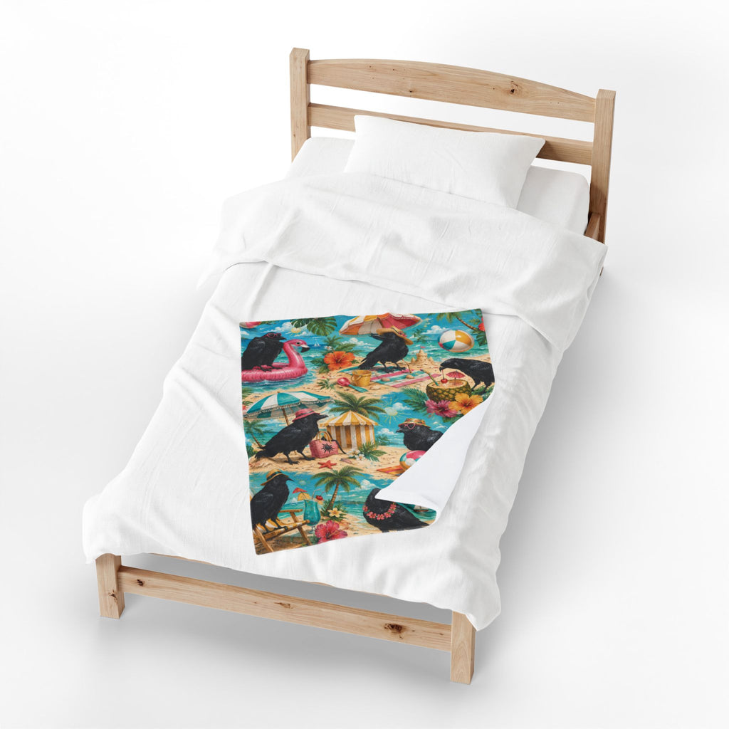 Beach Crows Pattern Velveteen Plush Blanket | Tropical Crow Beach Scene