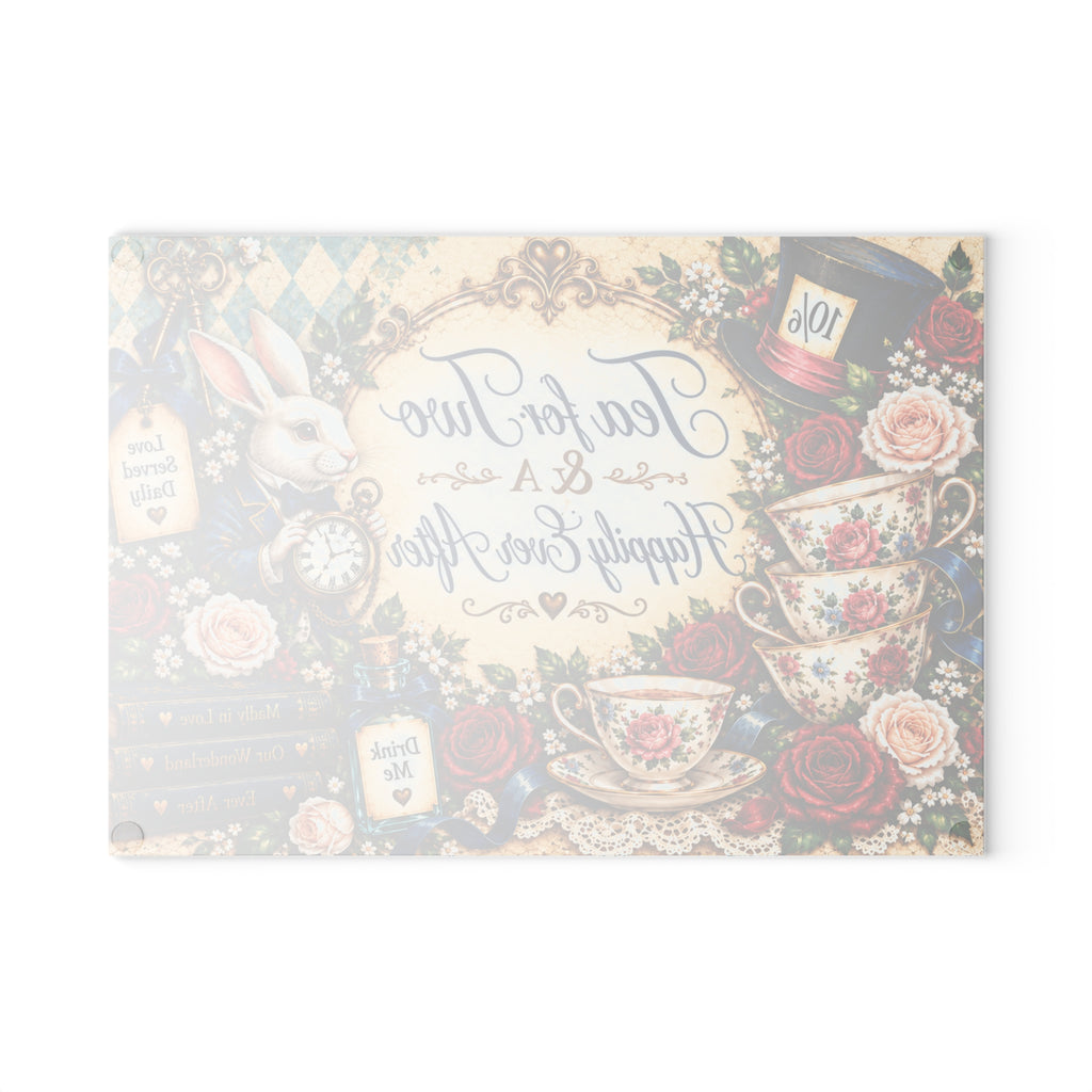 Tea for Two Alice in Wonderland Glass Cutting Board | White Rabbit, Teacups, Vintage Floral