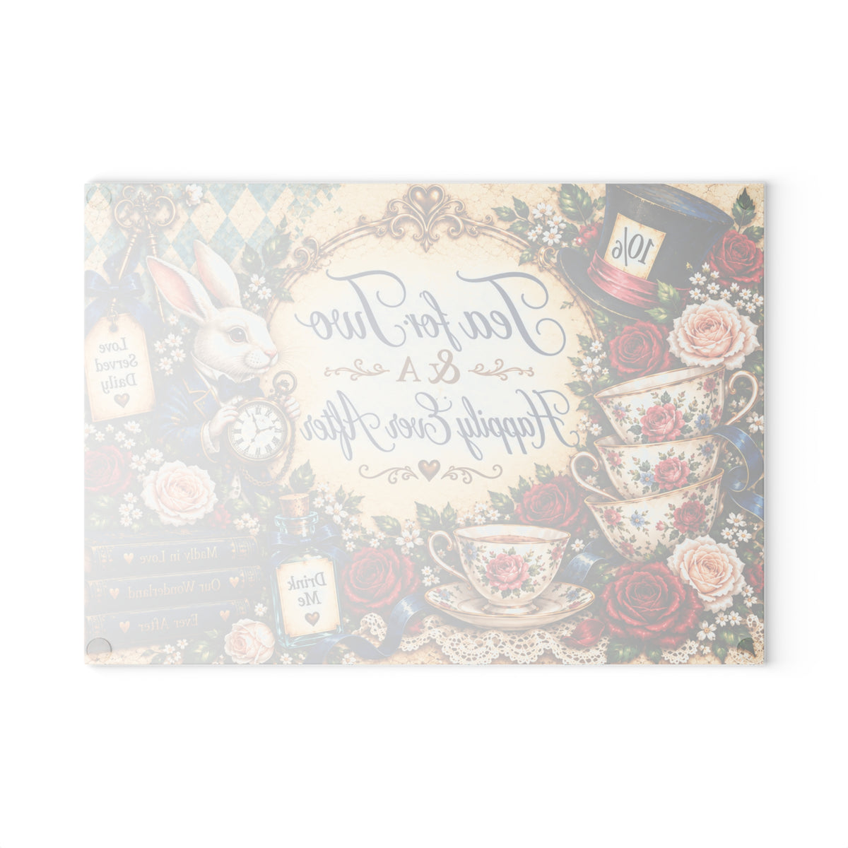 Tea for Two Alice in Wonderland Glass Cutting Board | White Rabbit, Teacups, Vintage Floral
