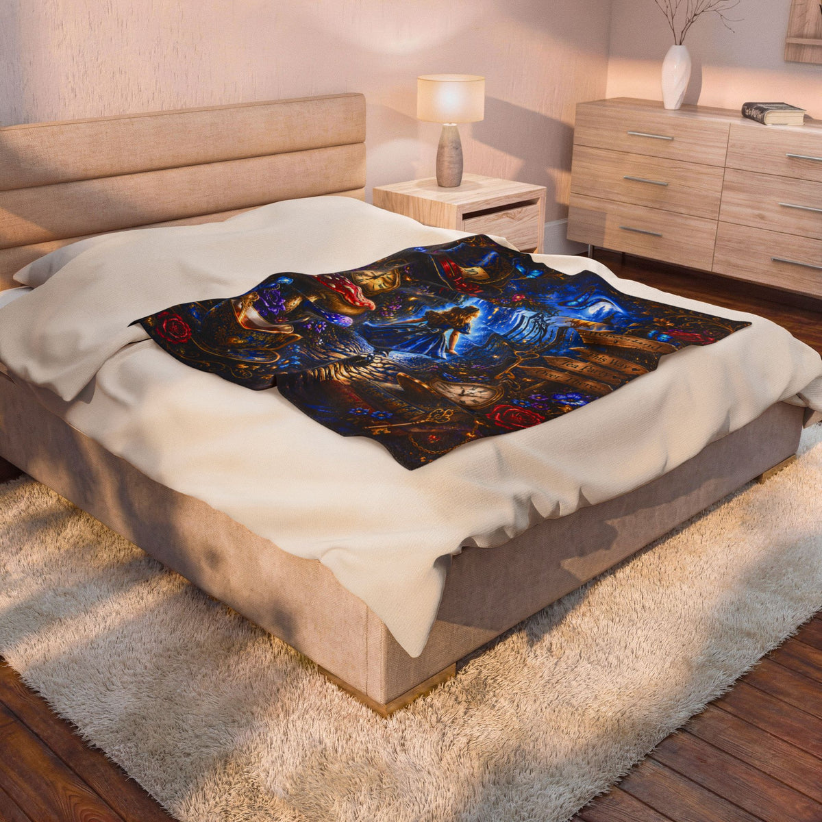 Alice in Wonderland Illustration Velveteen Plush Blanket | Fantasy Tea Party, Clockwork, Moonlit Path