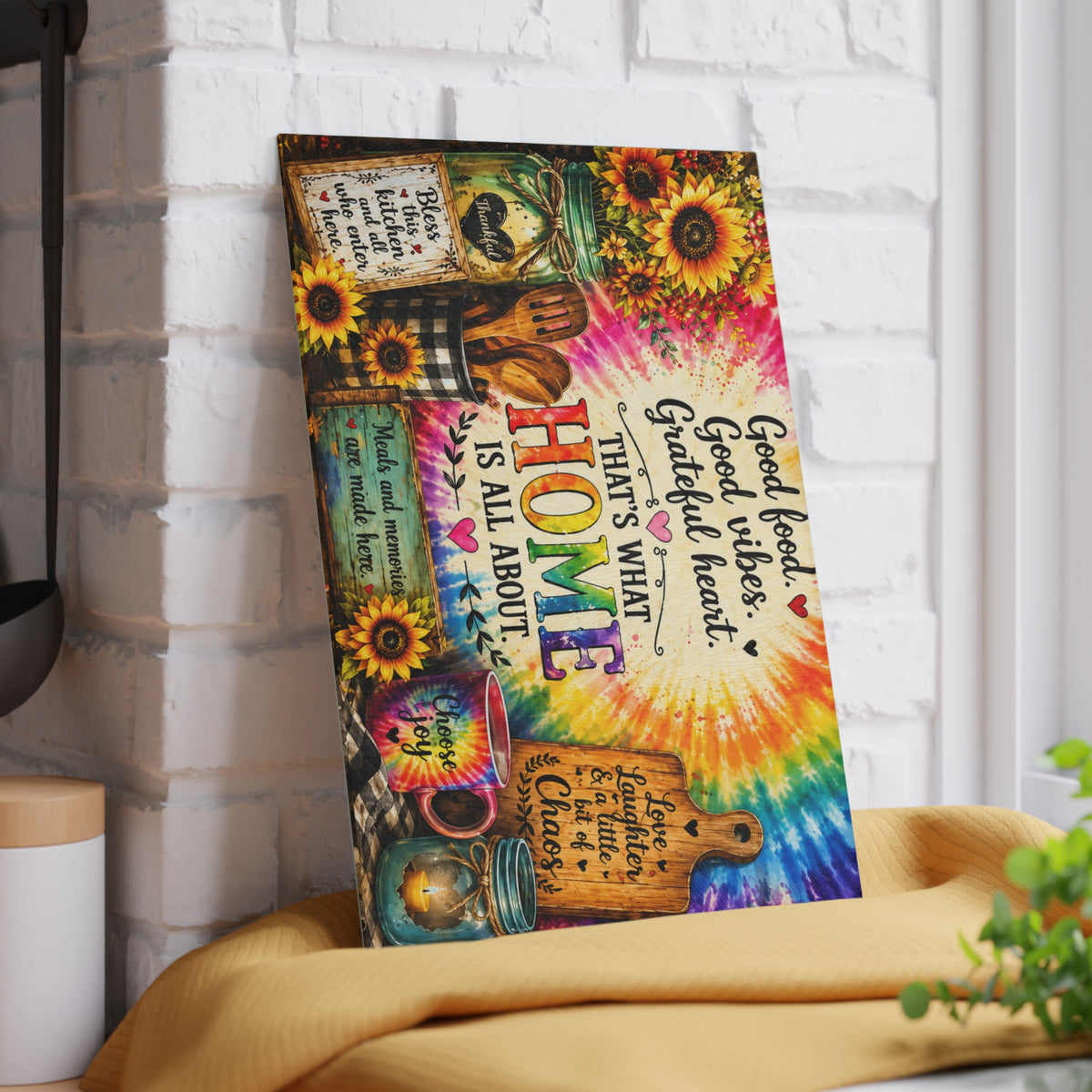 Thats What Home Is All About Glass Cutting Board | Sunflower Tie-Dye Kitchen Decor