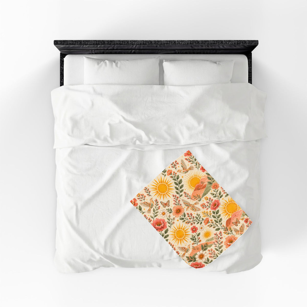 Sunshine Floral Meadow Velveteen Blanket | Retro Sunflowers & Butterflies
