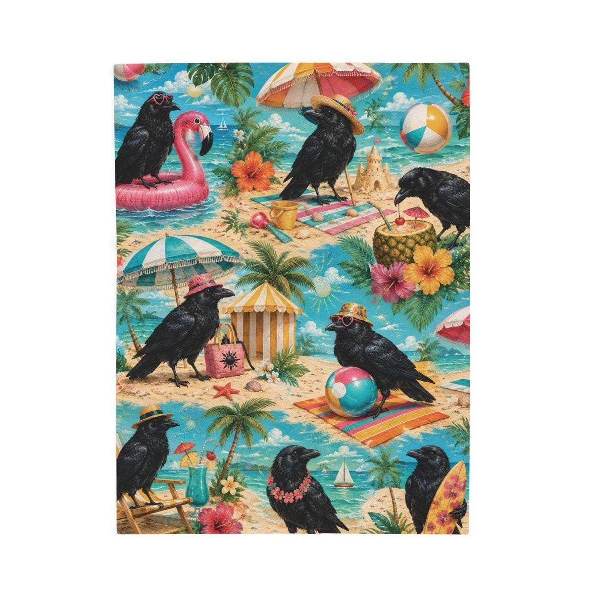 Beach Crows Pattern Velveteen Plush Blanket | Tropical Crow Beach Scene