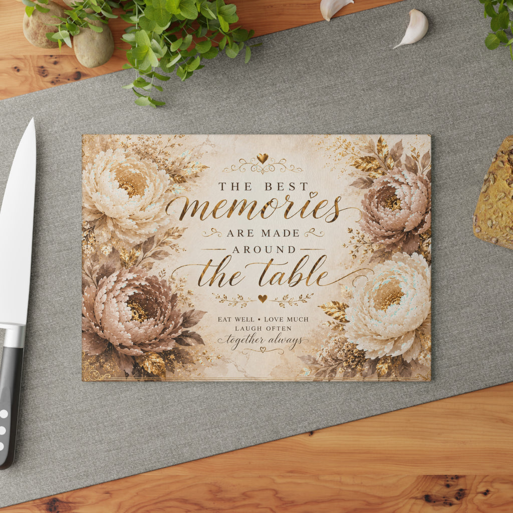 Memories Are Made Around The Table Glass Cutting Board | Floral Kitchen Decor
