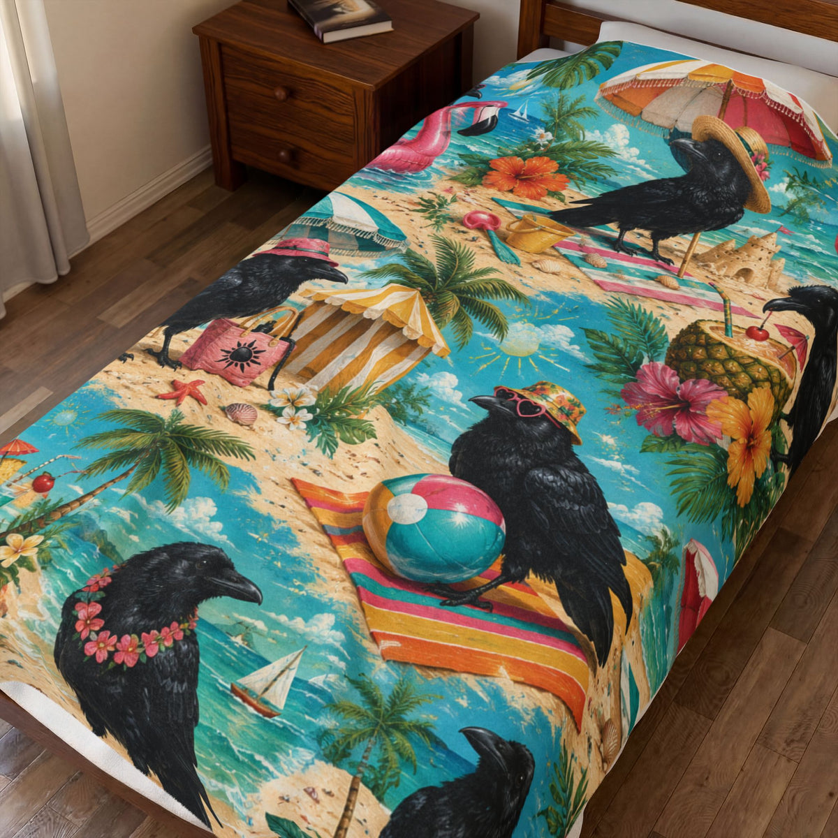 Beach Crows Pattern Velveteen Plush Blanket | Tropical Crow Beach Scene