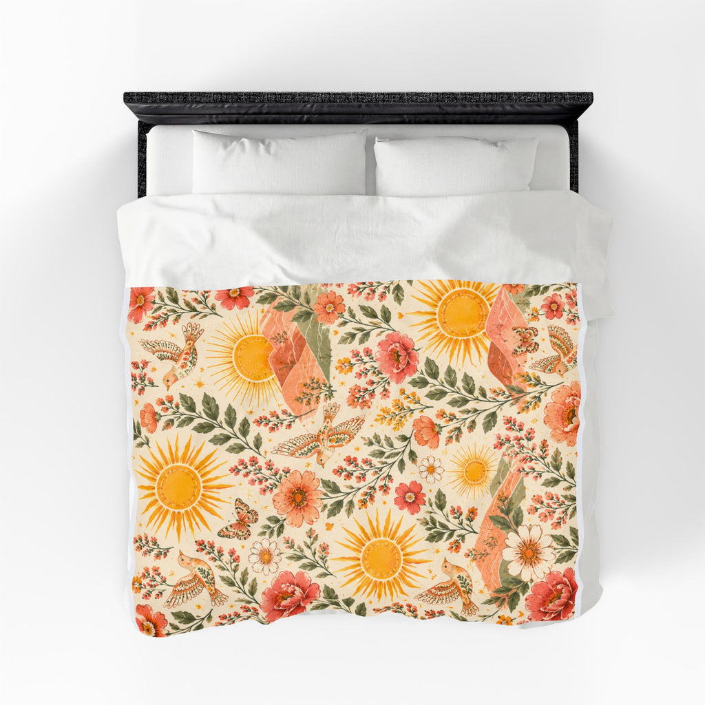 Sunshine Floral Meadow Velveteen Blanket | Retro Sunflowers & Butterflies
