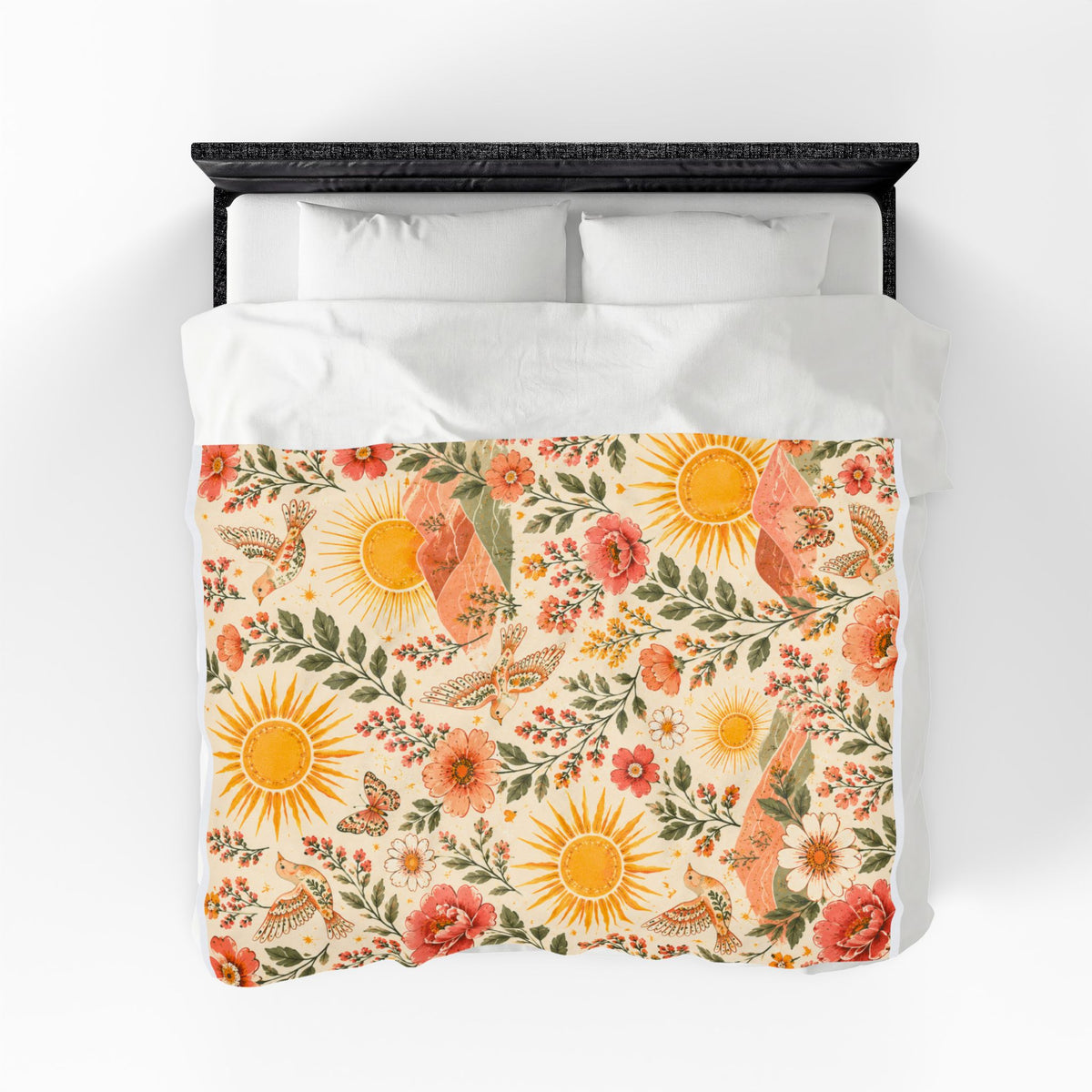 Sunshine Floral Meadow Velveteen Blanket | Retro Sunflowers & Butterflies