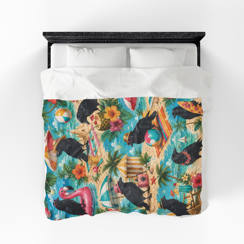 Beach Crows Pattern Velveteen Plush Blanket | Tropical Crow Beach Scene