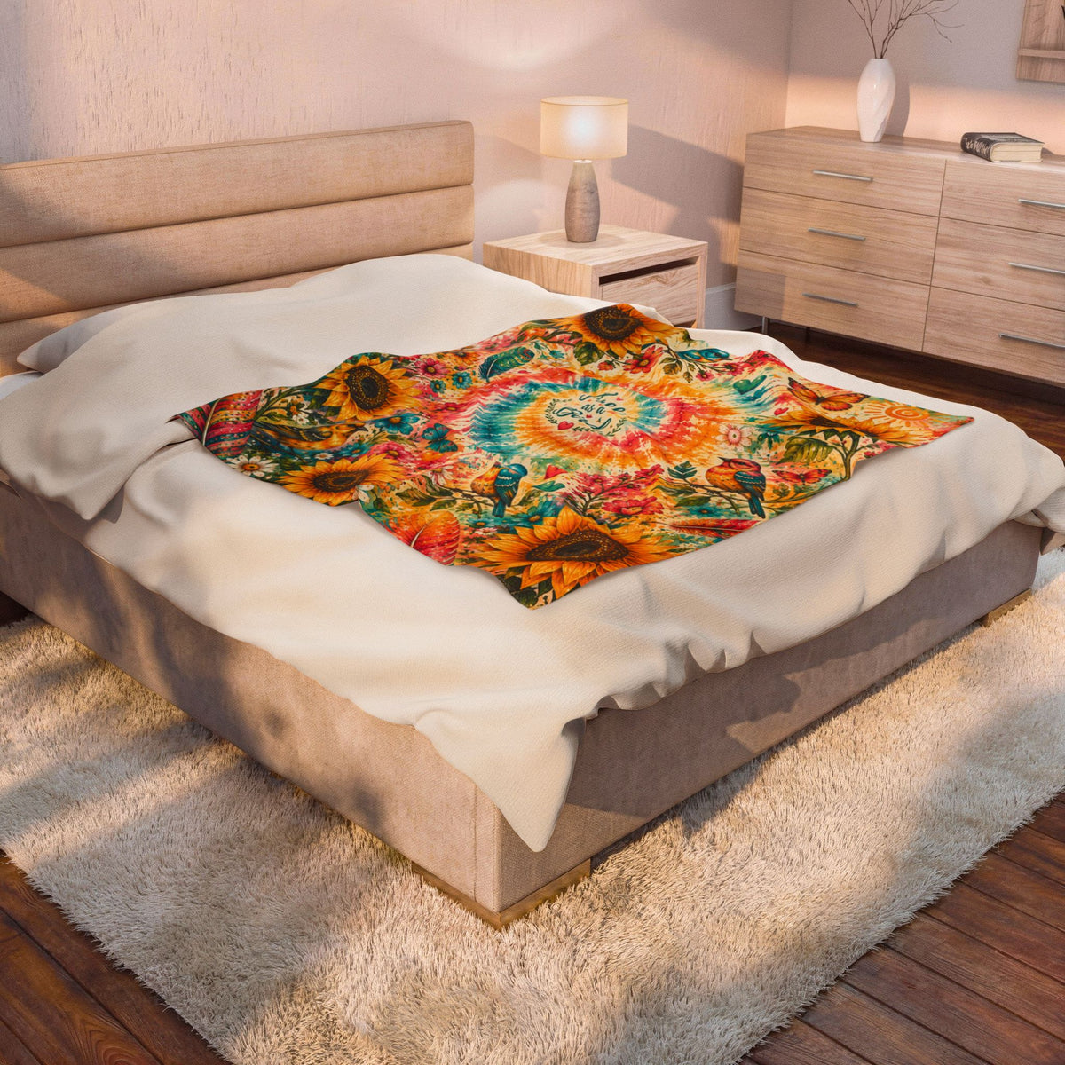 Tie-Dye Sunflower Free Bird Velveteen Blanket | Boho Birds & Butterflies