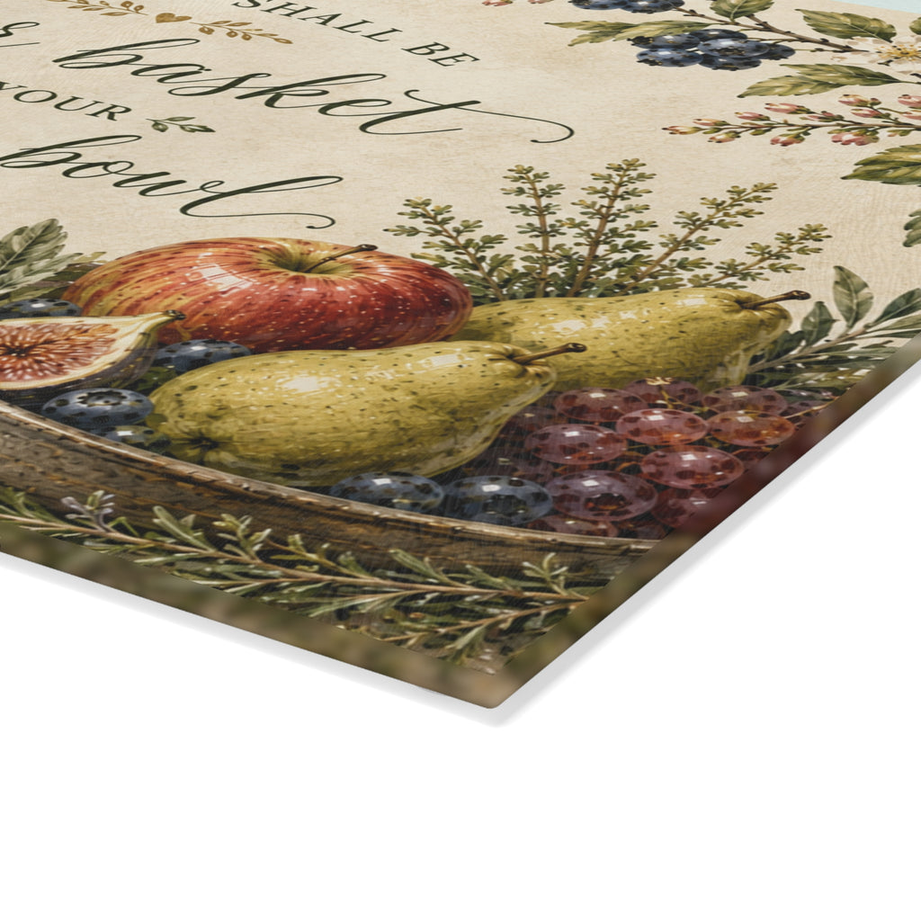 Blessed Shall Be Your Basket and Kneading Bowl Glass Cutting Board | Fruit & Robin Kitchen Decor