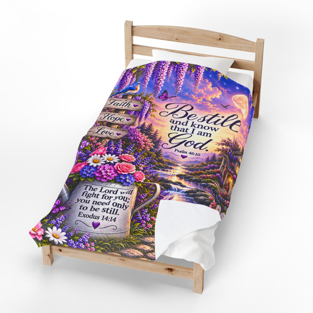 Be Still and Know I Am God blanket | Floral Cottage Scripture Velveteen Plush