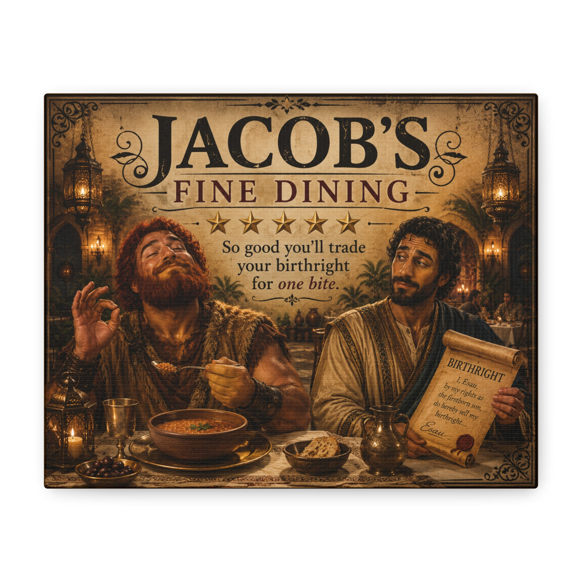 Jacob's Fine Dining Canvas, Stretched Wall Art | Biblical Humor