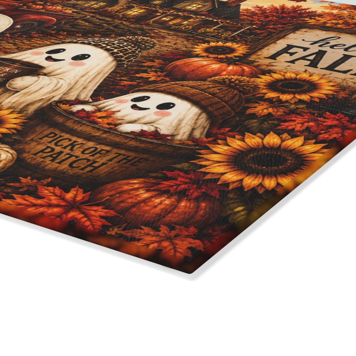 Cute Ghosts Fall Scene Glass Cutting Board | Hello Fall Pumpkin Harvest