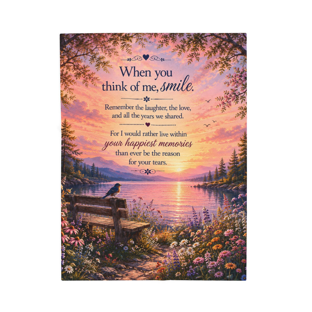 When You Think of Me Smile Velveteen Plush Blanket | Sunset Lake Memorial Scene