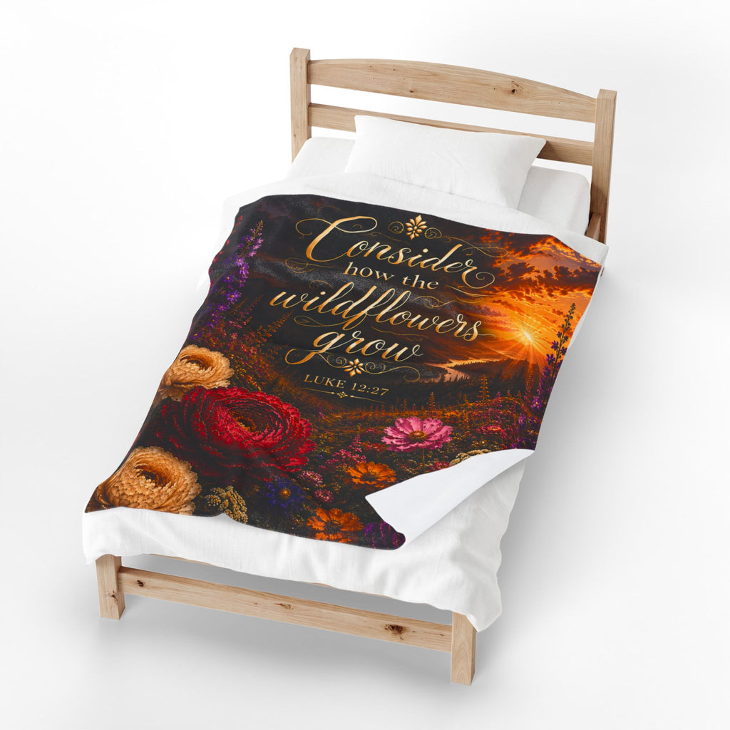 Consider How the Wildflowers Grow Velveteen Plush Blanket | Luke 12:27 floral sunrise