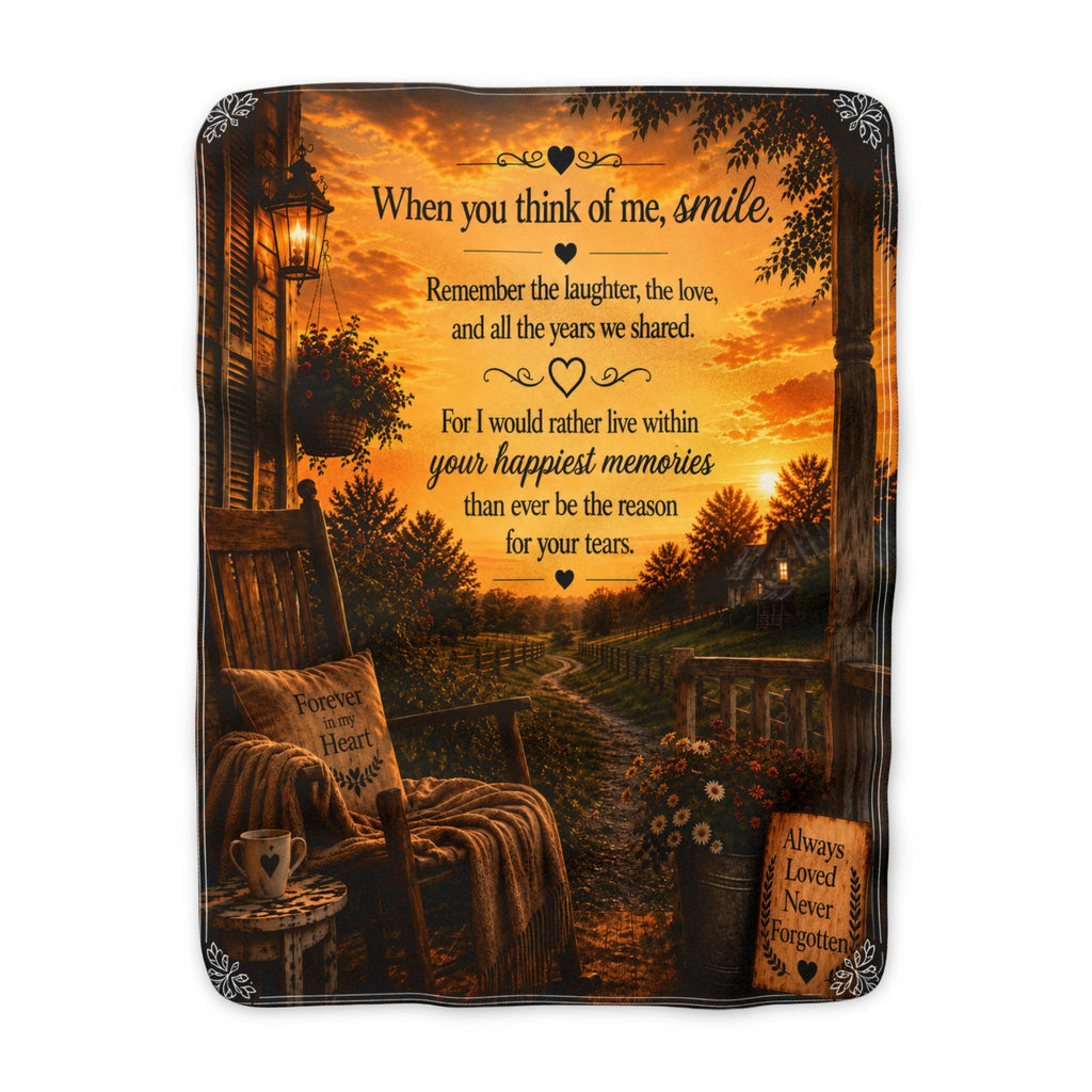 When You Think of Me Smile blanket | Memorial sunset scene, comforting poem