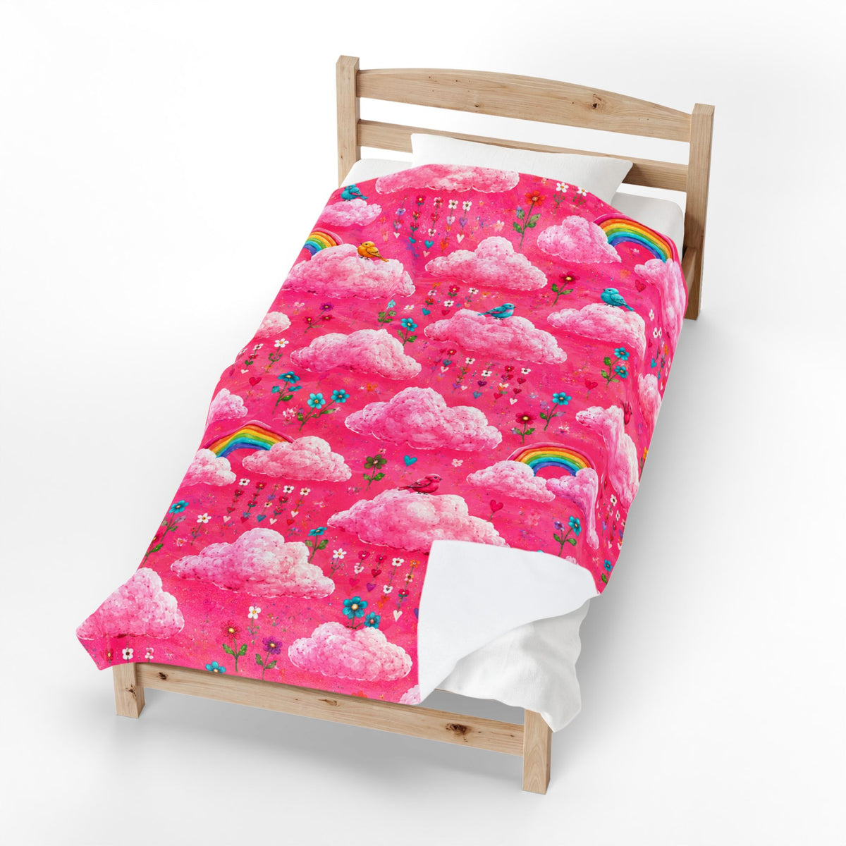 Pink Cloud Rainbow Pattern Blanket | Cute Birds Flowers Velveteen Plush