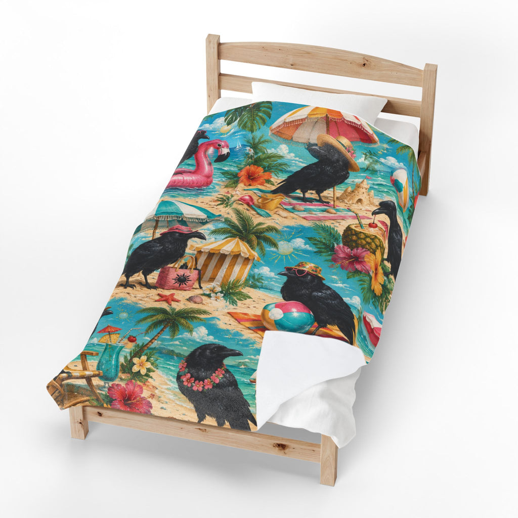 Beach Crows Pattern Velveteen Plush Blanket | Tropical Crow Beach Scene
