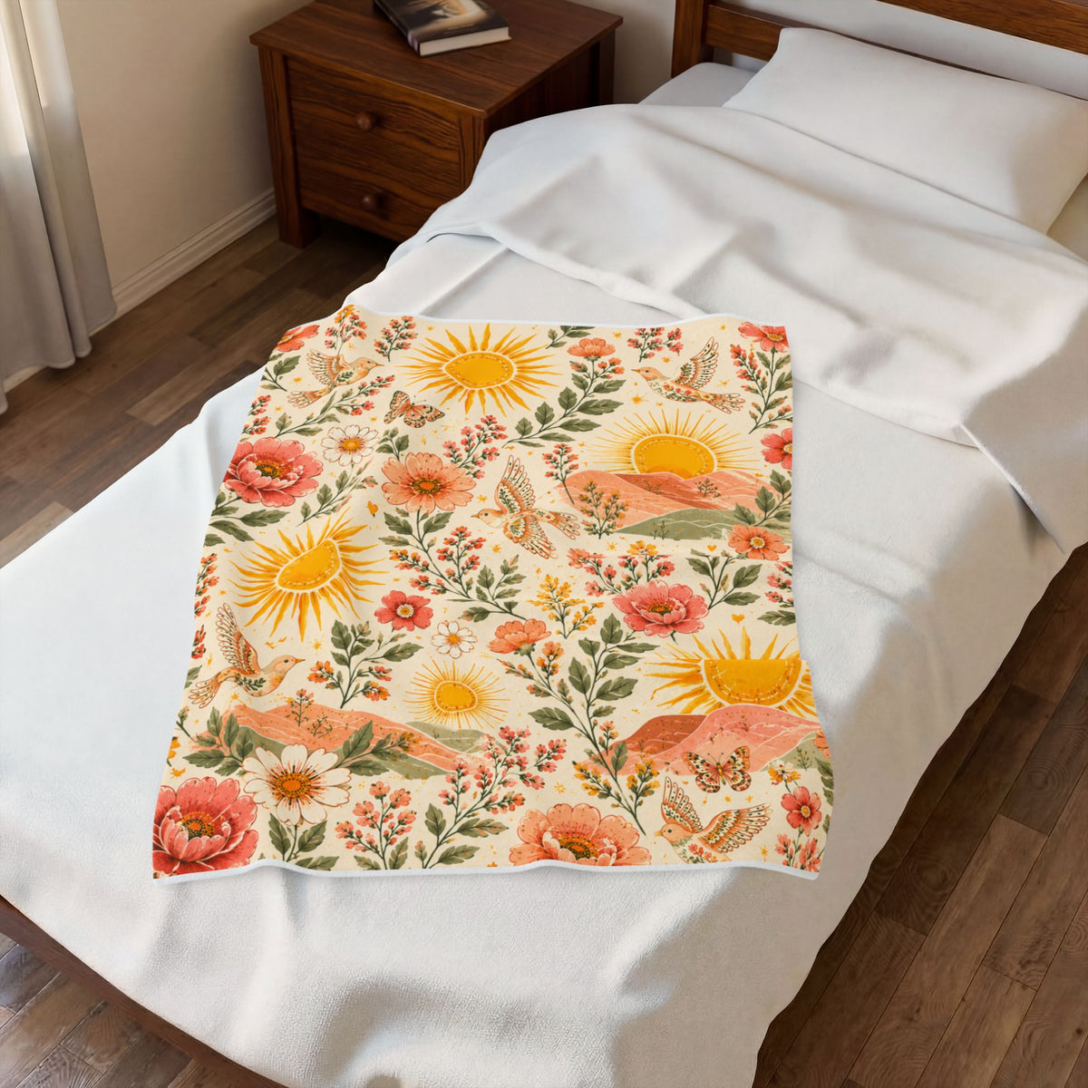 Sunshine Floral Meadow Velveteen Blanket | Retro Sunflowers & Butterflies