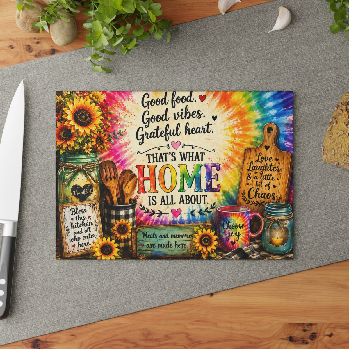 Thats What Home Is All About Glass Cutting Board | Sunflower Tie-Dye Kitchen Decor