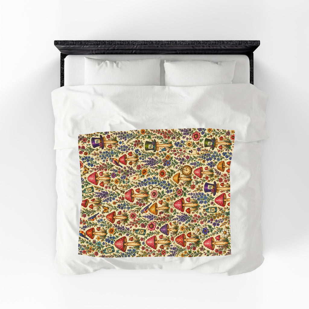 Whimsical Alice Mushroom Garden Velveteen Plush Blanket | Floral Fungi Pattern
