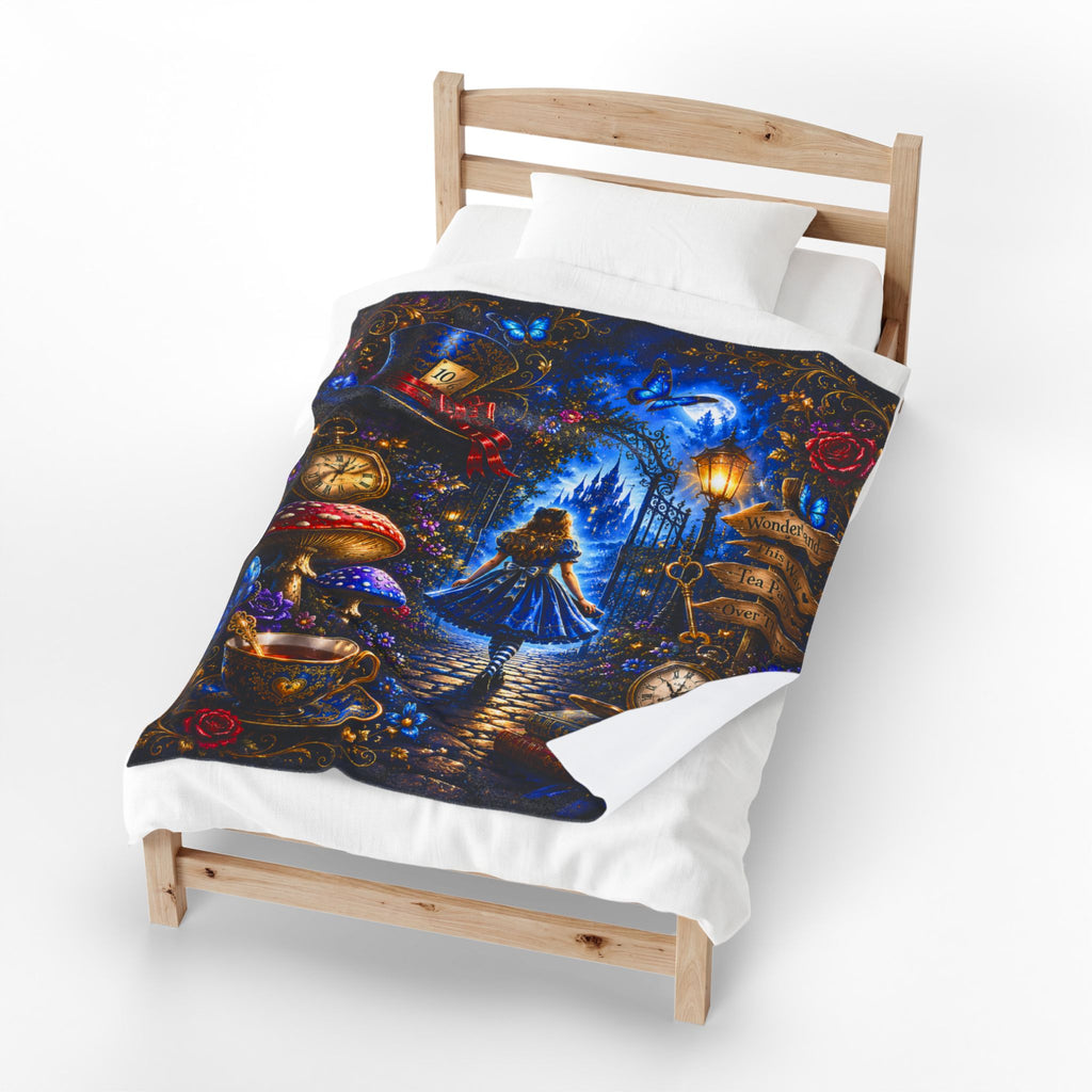 Alice in Wonderland Illustration Velveteen Plush Blanket | Fantasy Tea Party, Clockwork, Moonlit Path