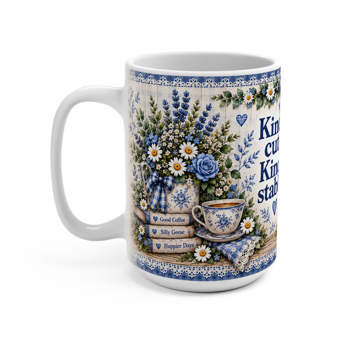 Kinda Cute Kinda Stabby Mug | 15oz Ceramic Duck Illustration, Blue Floral Decor