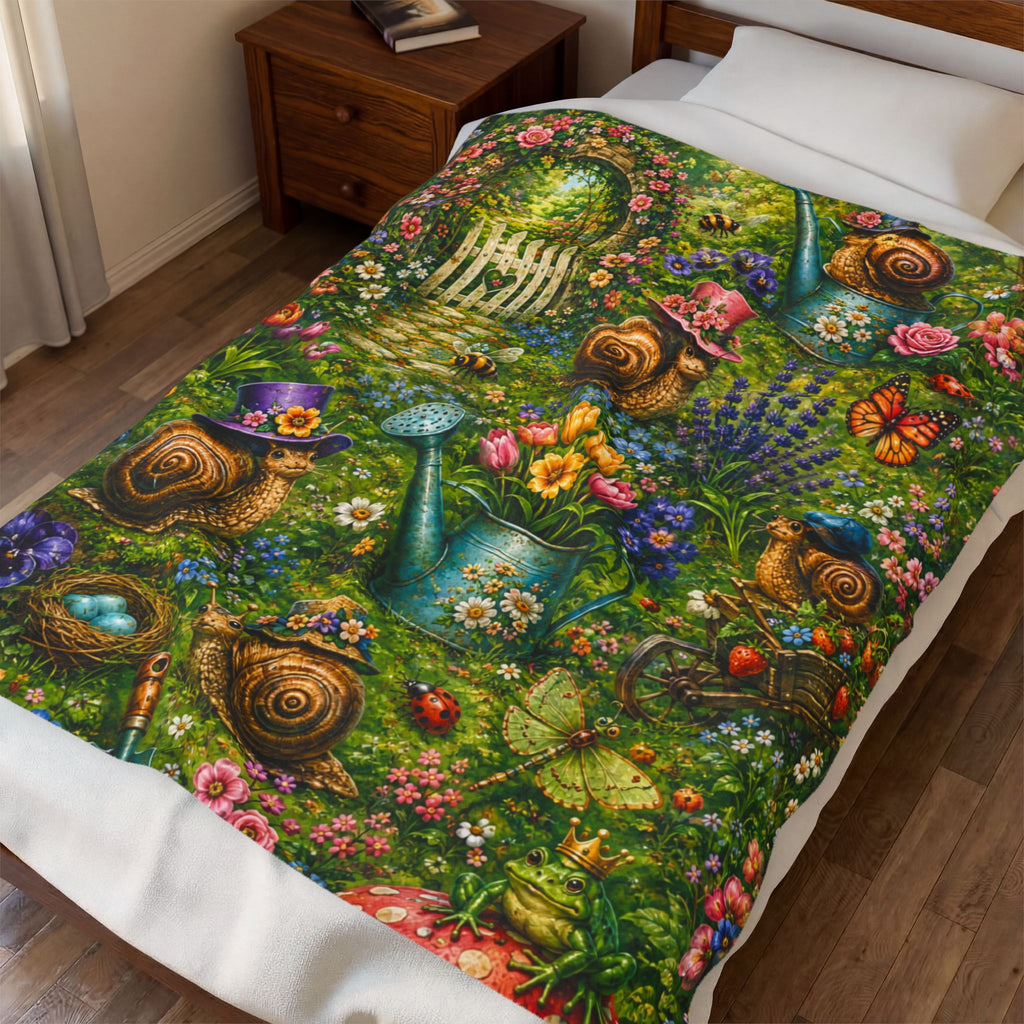 Spring Garden Snail Cottage pattern Blanket | whimsical floral, watering cans, bluebirds